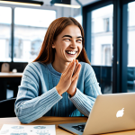 **

A young, smiling individual, fully clothed in casual but professional attire (jeans and a nice top/sweater), sitting at a desk with a laptop covered in stickers. The background shows a brightly lit, modern co-working space with other people working. They are enthusiastically gesturing while seemingly explaining a creative idea. Safe for work, appropriate content, well-formed hands, perfect anatomy, natural proportions, professional, showcasing passion and potential, modest clothing.

**