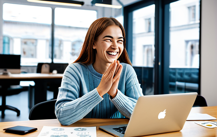 **

A young, smiling individual, fully clothed in casual but professional attire (jeans and a nice top/sweater), sitting at a desk with a laptop covered in stickers. The background shows a brightly lit, modern co-working space with other people working. They are enthusiastically gesturing while seemingly explaining a creative idea. Safe for work, appropriate content, well-formed hands, perfect anatomy, natural proportions, professional, showcasing passion and potential, modest clothing.

**