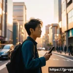 영상제작 실습에서 배워야 할 핵심 기술 - A young Japanese filmmaker walking through a vibrant city street at sunset, holding a smartphone cam...