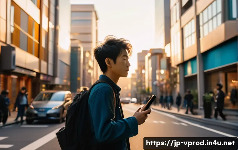 영상제작 실습에서 배워야 할 핵심 기술 - A young Japanese filmmaker walking through a vibrant city street at sunset, holding a smartphone cam...