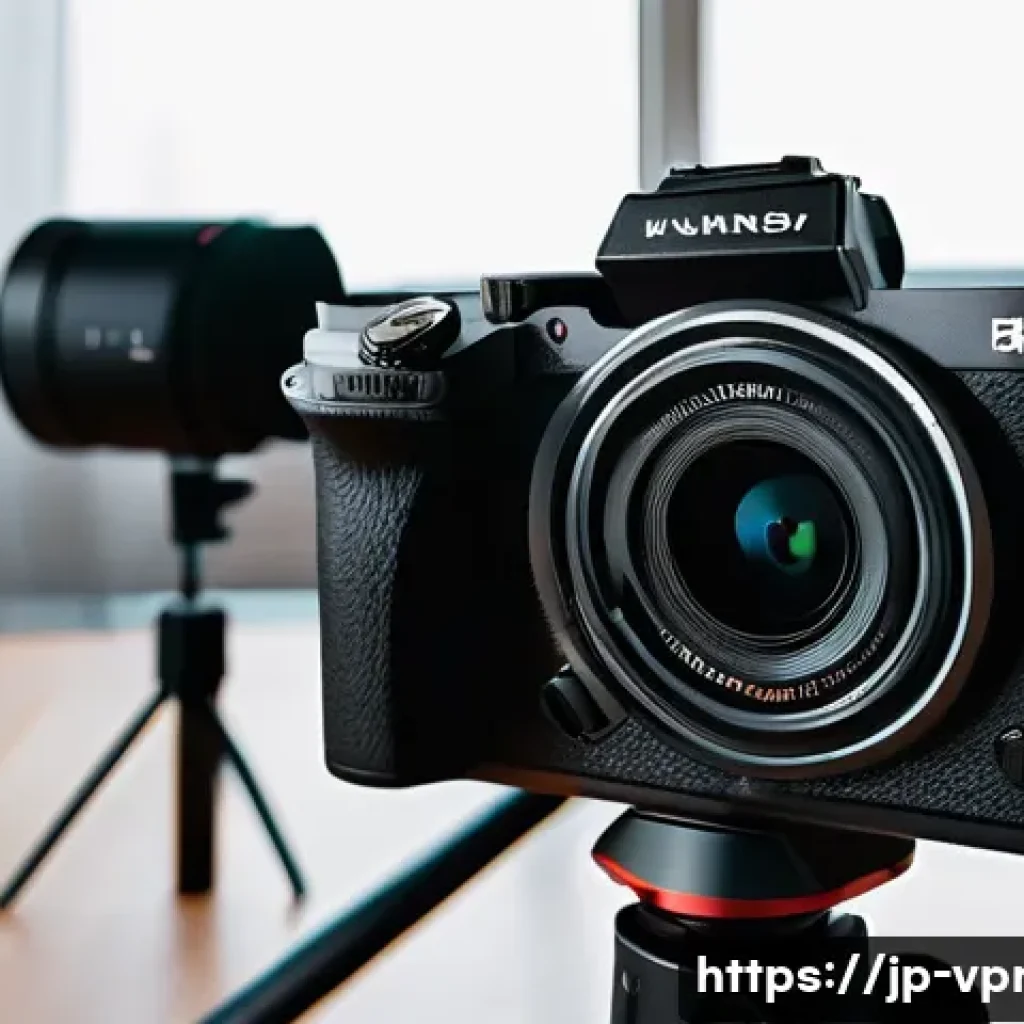 영상제작에 필요한 기본 장비 추천 - A compact mirrorless camera setup on a lightweight tripod, placed on a wooden table in a bright, mod...
