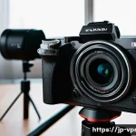 영상제작에 필요한 기본 장비 추천 - A compact mirrorless camera setup on a lightweight tripod, placed on a wooden table in a bright, mod...