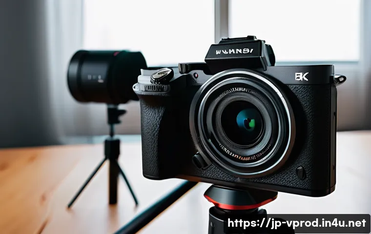 영상제작에 필요한 기본 장비 추천 - A compact mirrorless camera setup on a lightweight tripod, placed on a wooden table in a bright, mod...