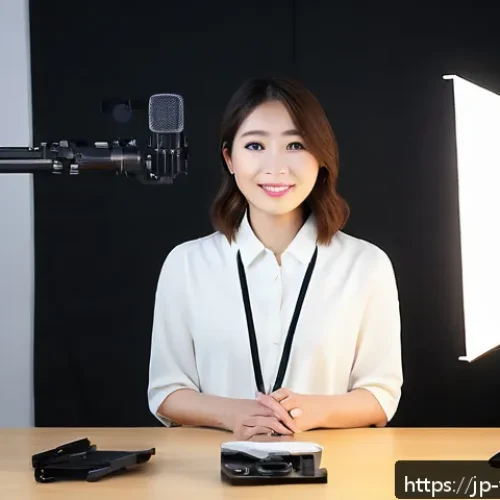 영상제작 실무에 필요한 기술 - A modern video creator's studio setup featuring a high-end mirrorless camera mounted on a tripod, su...