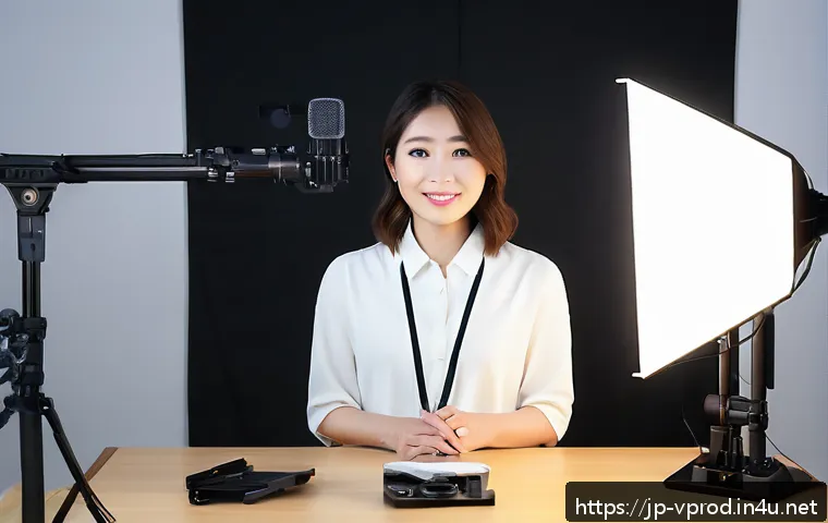 영상제작 실무에 필요한 기술 - A modern video creator's studio setup featuring a high-end mirrorless camera mounted on a tripod, su...
