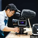 영상제작 전문가의 장비 관리 방법 - A professional video production setup scene in a modern Japanese studio, featuring a camera operator...