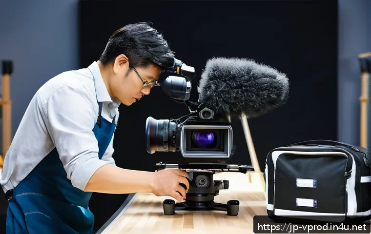 영상제작 전문가의 장비 관리 방법 - A professional video production setup scene in a modern Japanese studio, featuring a camera operator...
