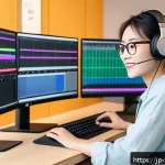 영상제작 이직 성공 비결 - A modern remote video editing workspace in a bright Japanese home office, featuring a young professi...