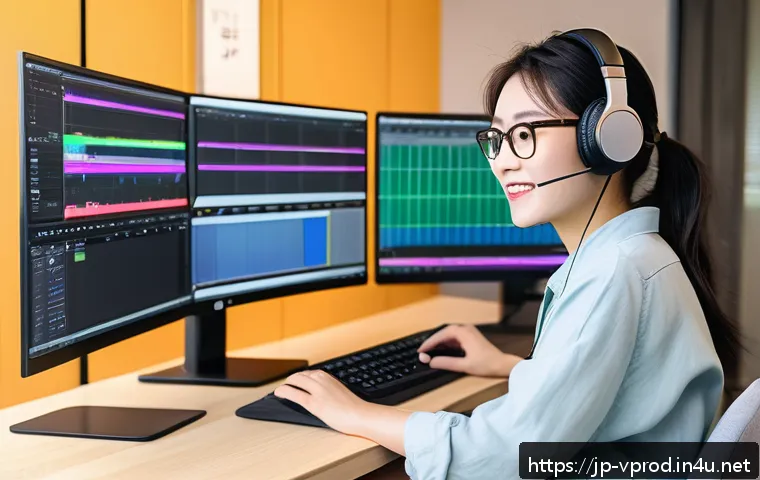 영상제작 이직 성공 비결 - A modern remote video editing workspace in a bright Japanese home office, featuring a young professi...