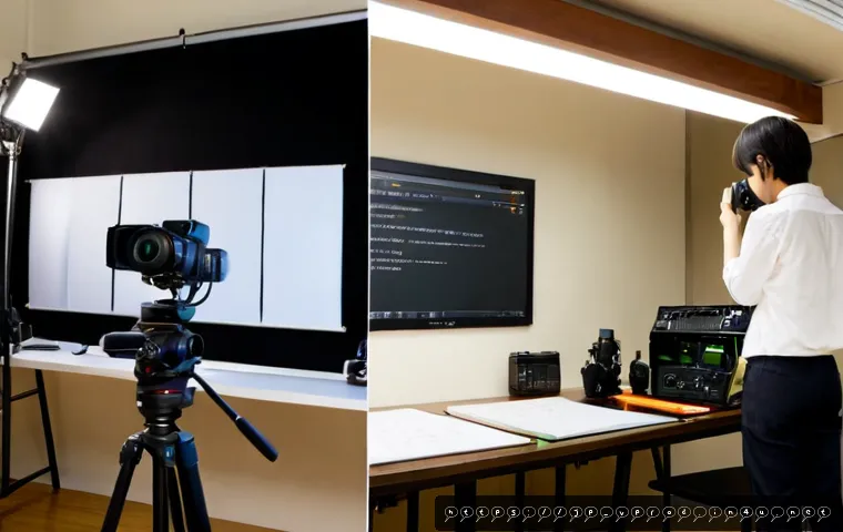 영상제작 이론과 실무의 차이 - Photorealistic split-scene comparison of video production theory and practical work: on the left, a ...